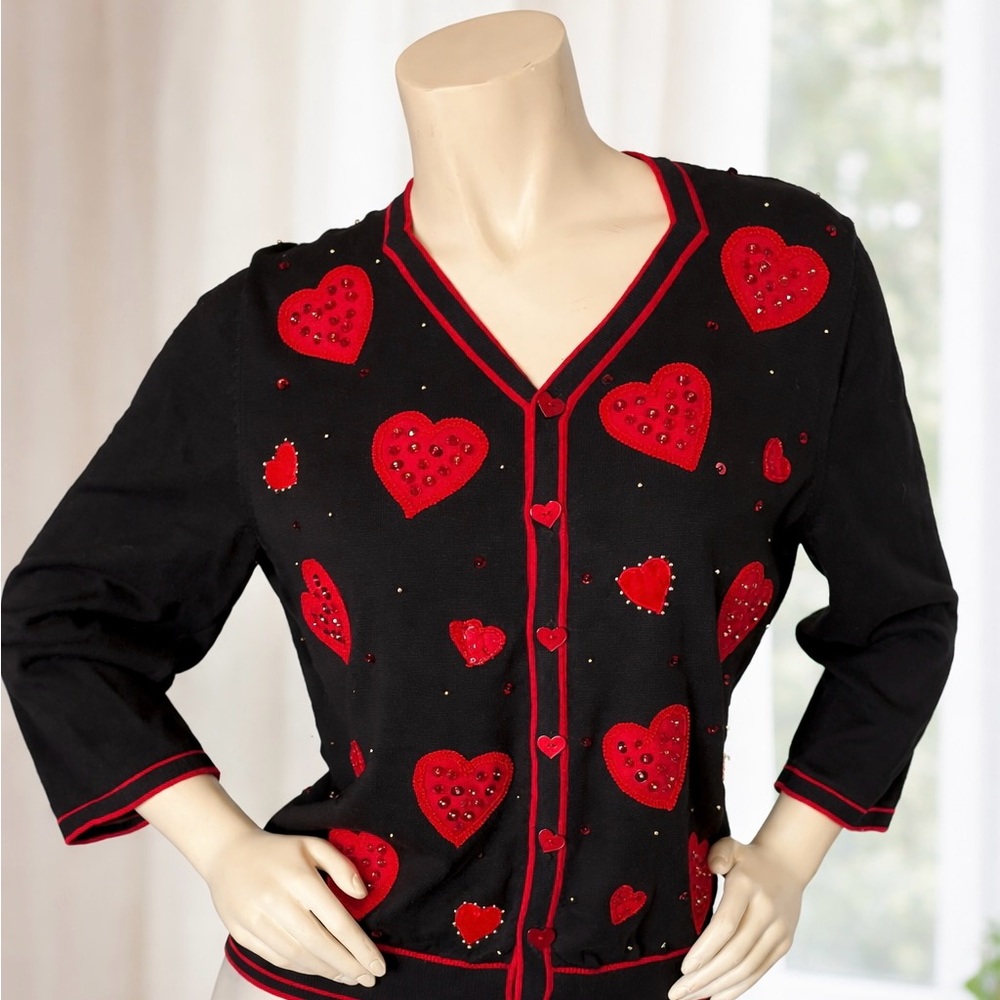 Heart Embellished Black and Red Cardigan